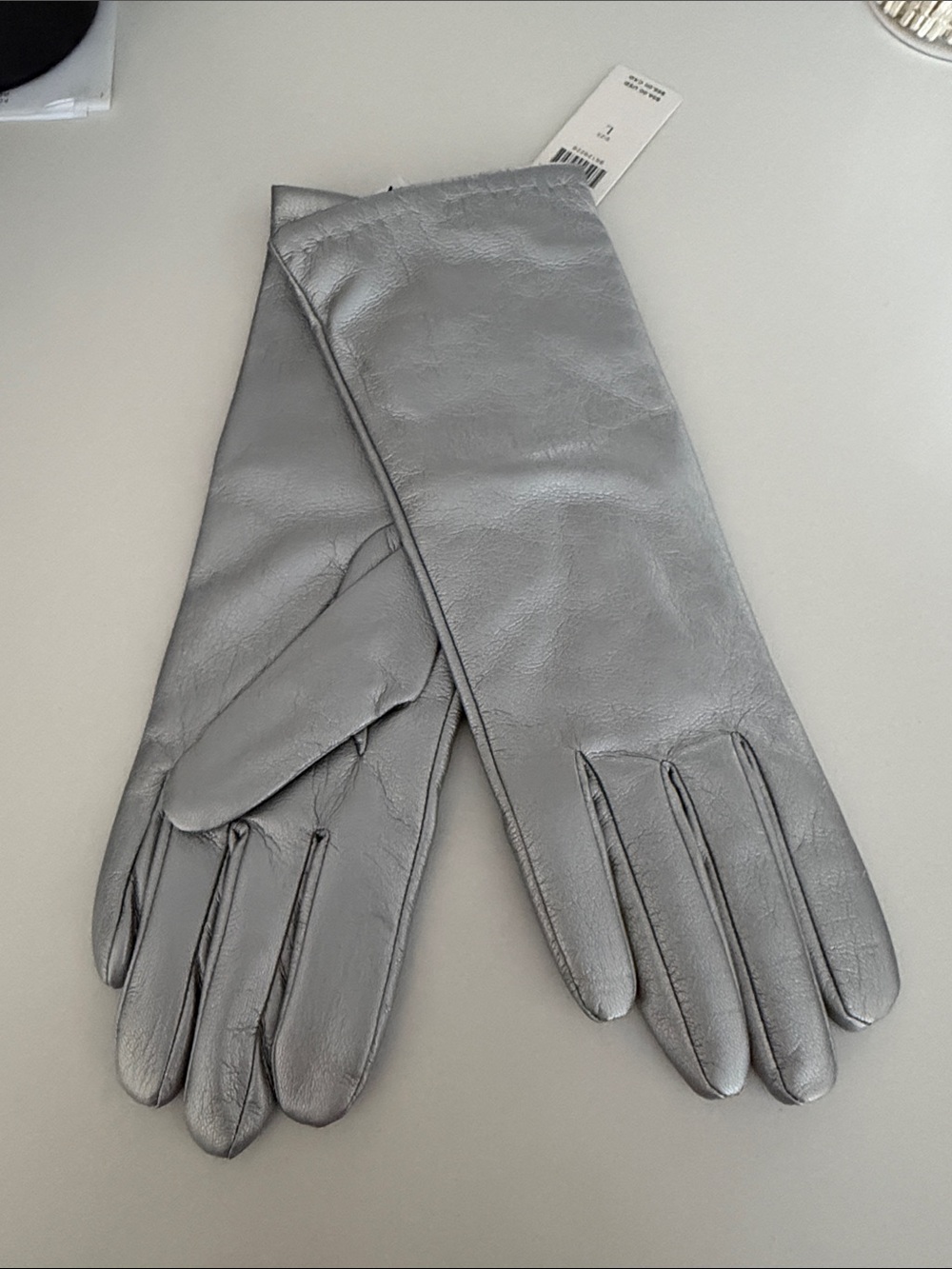 Anthropologie Metallic Silver Leather Long Gloves